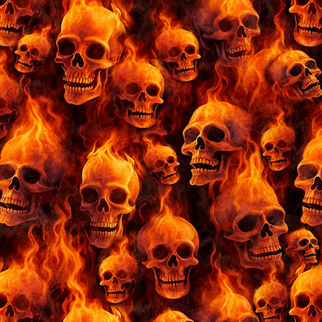 Burnt Orange Flaming Skulls 44" fabric by Quilting Treasures, 31185-O, Gotta Have it