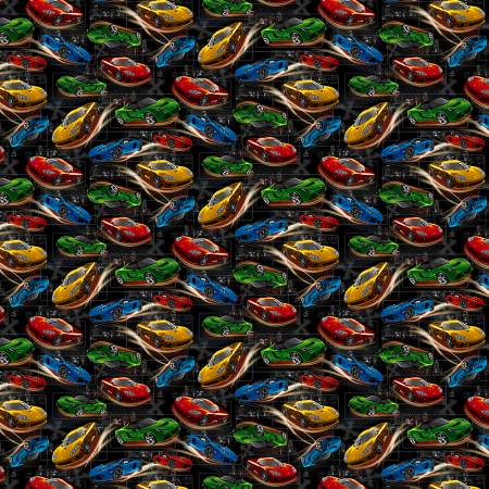 Fast Cars, Black, 44" fabric by Studio-E, 7128-99, Fast & Wild
