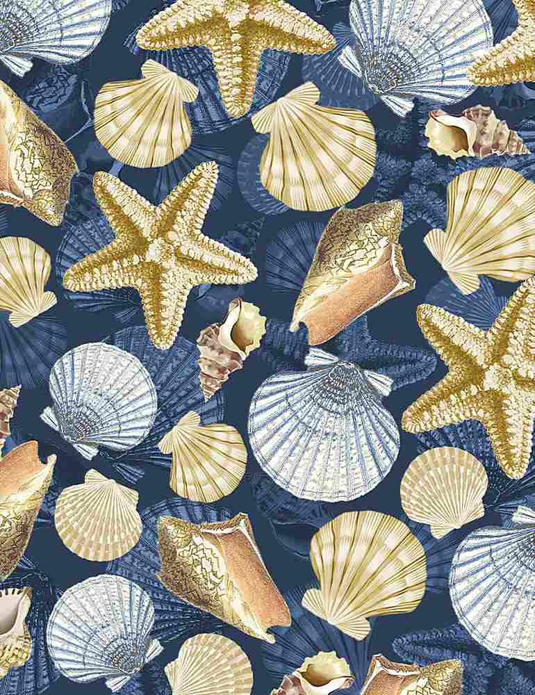 Ocean Breeze Blue Coastal Shells 44" fabric by Timeless Treasures, C8392