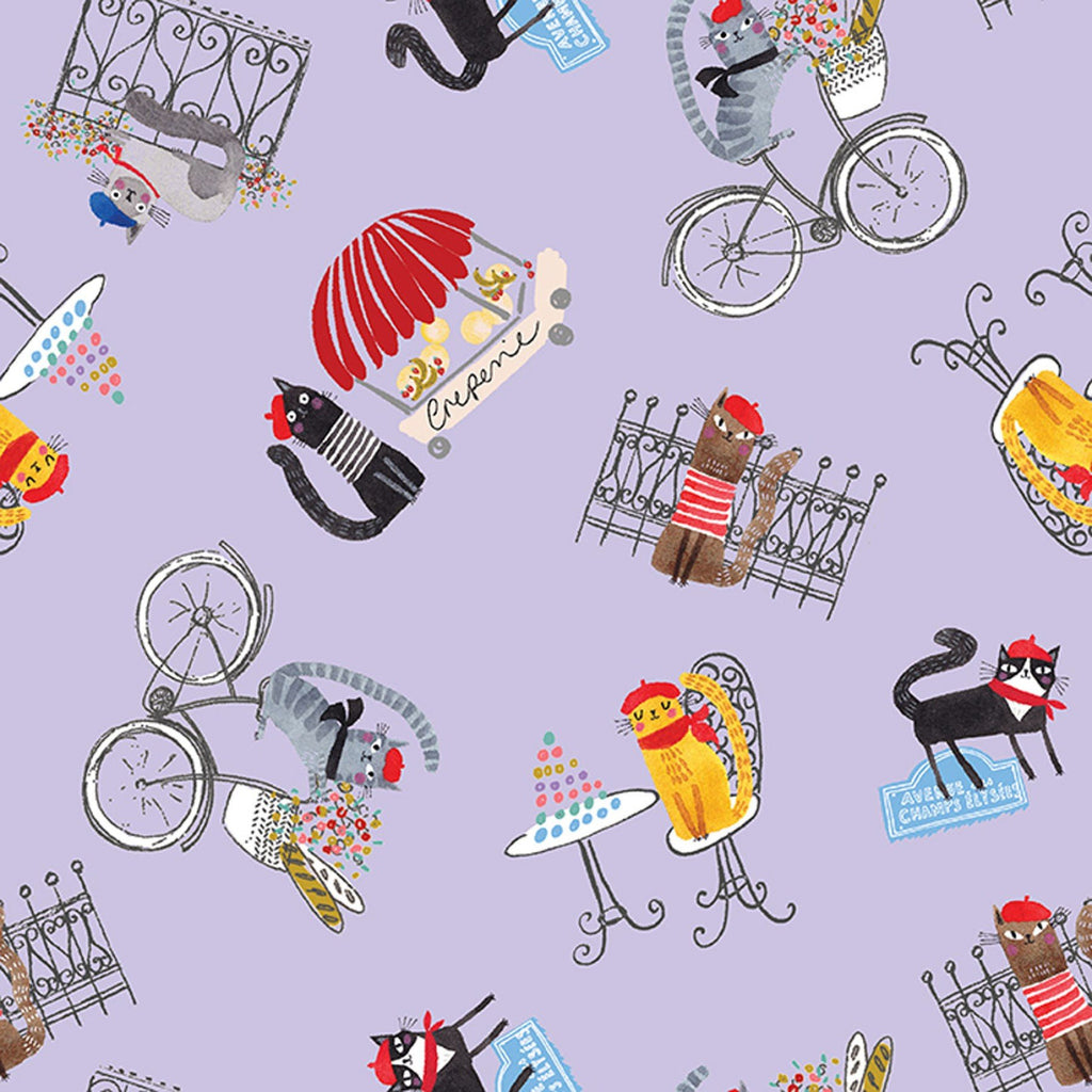 Purple Bicycle Cats 44" fabric by Benartex, 16454-64, Cats in Paris