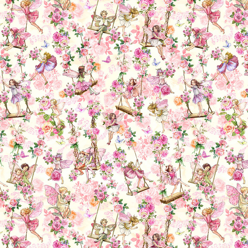 Cream Garden Swings 44" fabric by Michael Miller, DDC12250-crem, Spring Songs Flower Fairies
