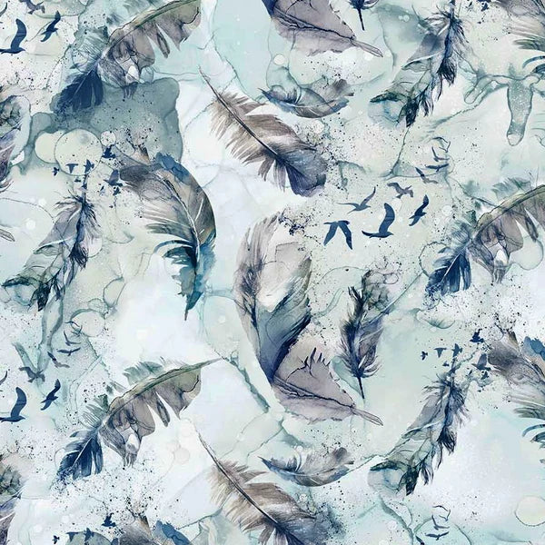 Light Blue Feathers 44" fabric by Northcott, DP24584-41, Soar