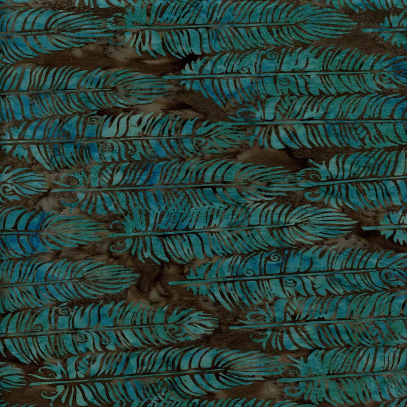 Turquoise Vertical Feathers on Brown 44" Batik fabric by Island Batik, 121921550