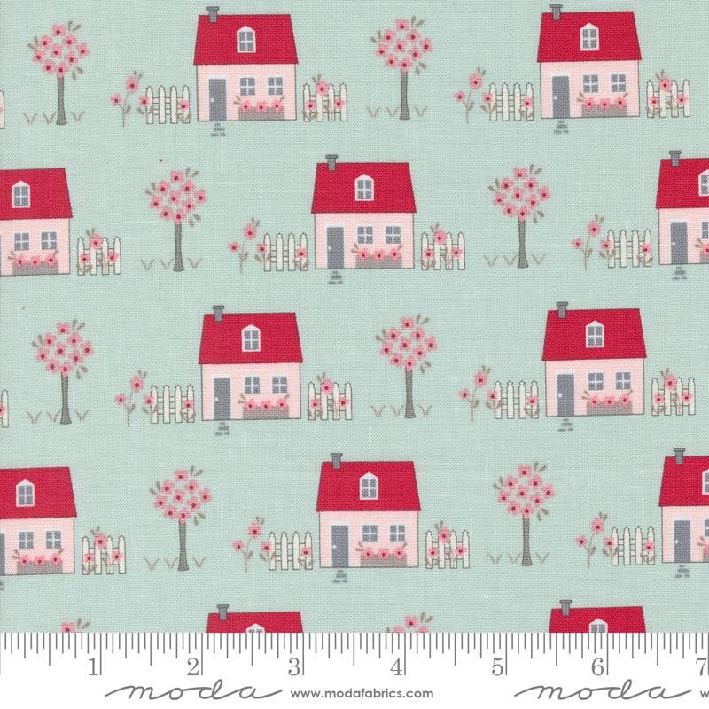 Aqua Houses and Trees 44" fabric by Moda, 3040 14, My Summer House