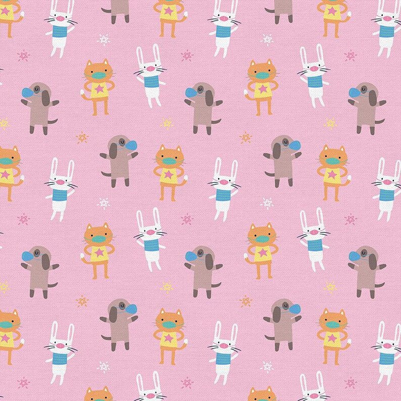Pink Maskup 44" fabric by Paintbrush Studios, 120-21769, cats, dogs & rabbits with face masks