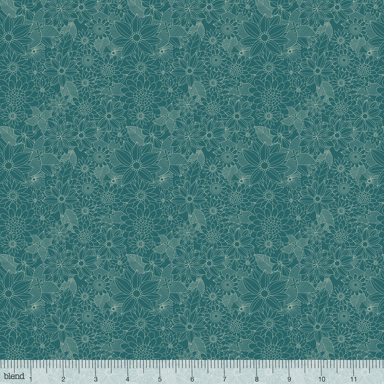 Turquoise Flowers 44"quilt fabric, Blend Fabrics, 129.101.04.1