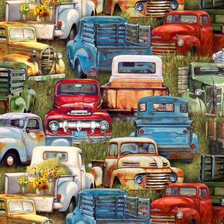 Vintage Trucks 44" fabric by Elizabeth's Studio, 21002Green