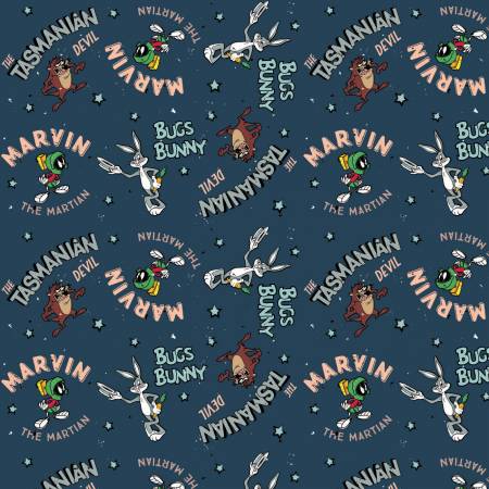 Denim Blue Looney Tunes Retro Characters 44" fabric by Camelot, 23600160-2