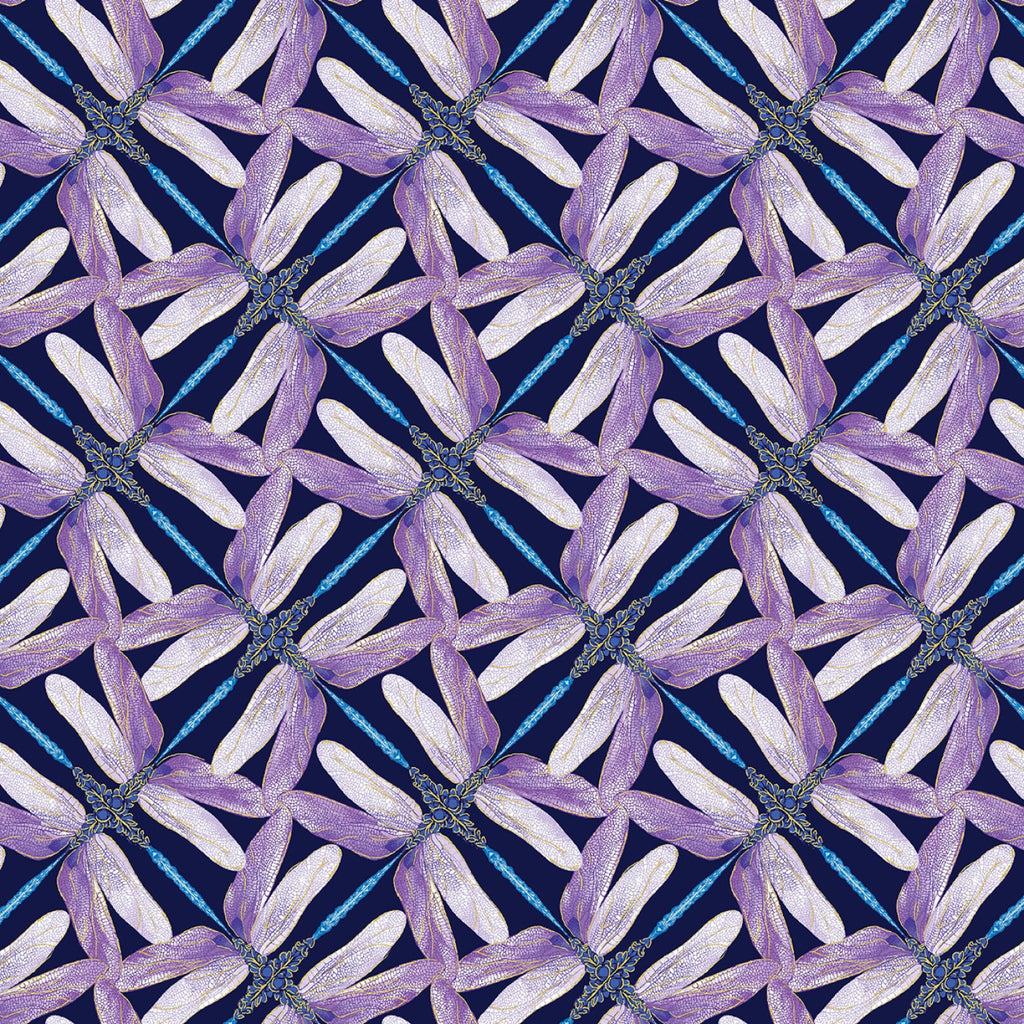 Navy Pinwheel Geo Dragonflies Metallic 44" fabric by Kanvas, Dragonfly Dance, 8502M-68