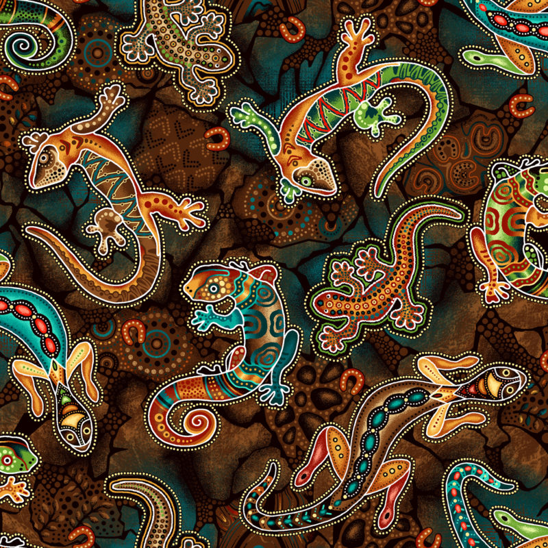 Brown and Teal Geiko lizard 44" fabric by Oasis Fabrics, 60-4101, Gondwana