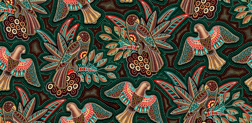 Green Australian Birds 44" fabric by Oasis, 60-4121, Gondwana