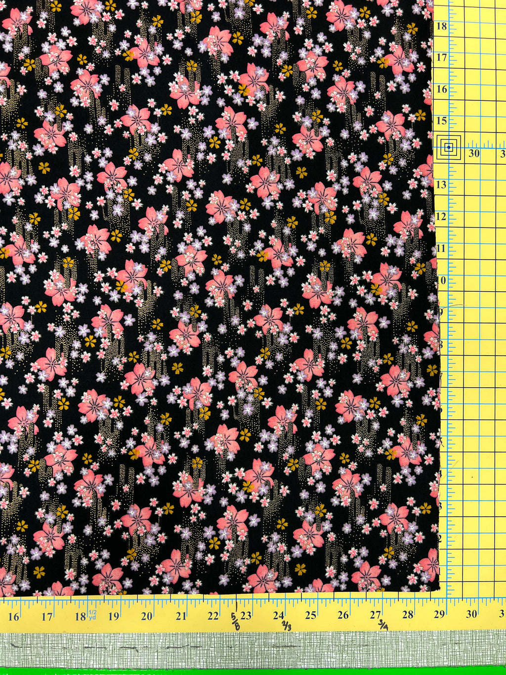 Pink Flowers on Black, Sakura Blossoms, 44" Japanese metallic fabric by Yamaoka, Y-15000-186