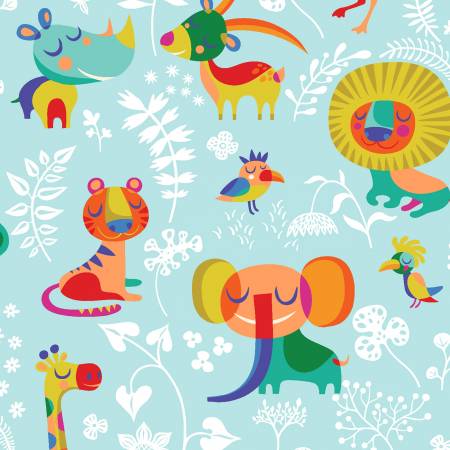 Light Aqua Jungle Animals 44" fabric by Clothworks, Y3342-32, Sleepy Time