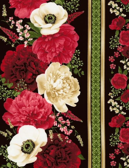 Poppies and Peonies Border Stripe 44" fabric by Timeless Treasures, Chong-a Hwang, Carina C6498