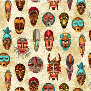 Cream Indigenous Masks 44" fabric by Michael Miller,  CX9986-crem-d