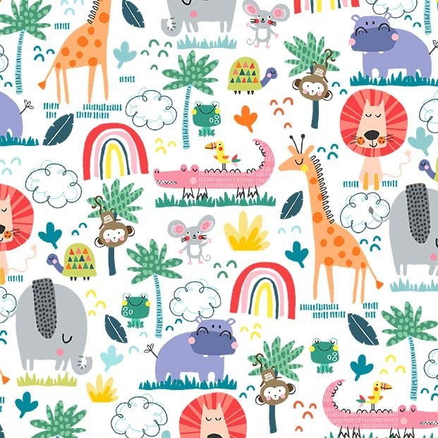 Animal Wildlife White 44" fabric by Michael Miller, DCX10441-mult-d, Jungle Safari