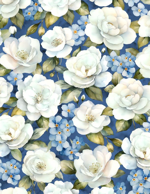 Large Floral 44" fabric by Wilmington, 33899-417, Blue Harmony