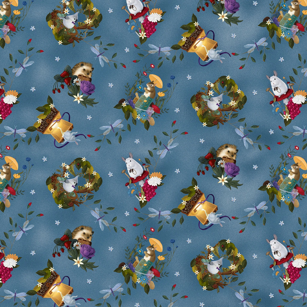 Mist Blue Tossed Characters 44" fabric by Henry Glass, 2140-17, Serenade