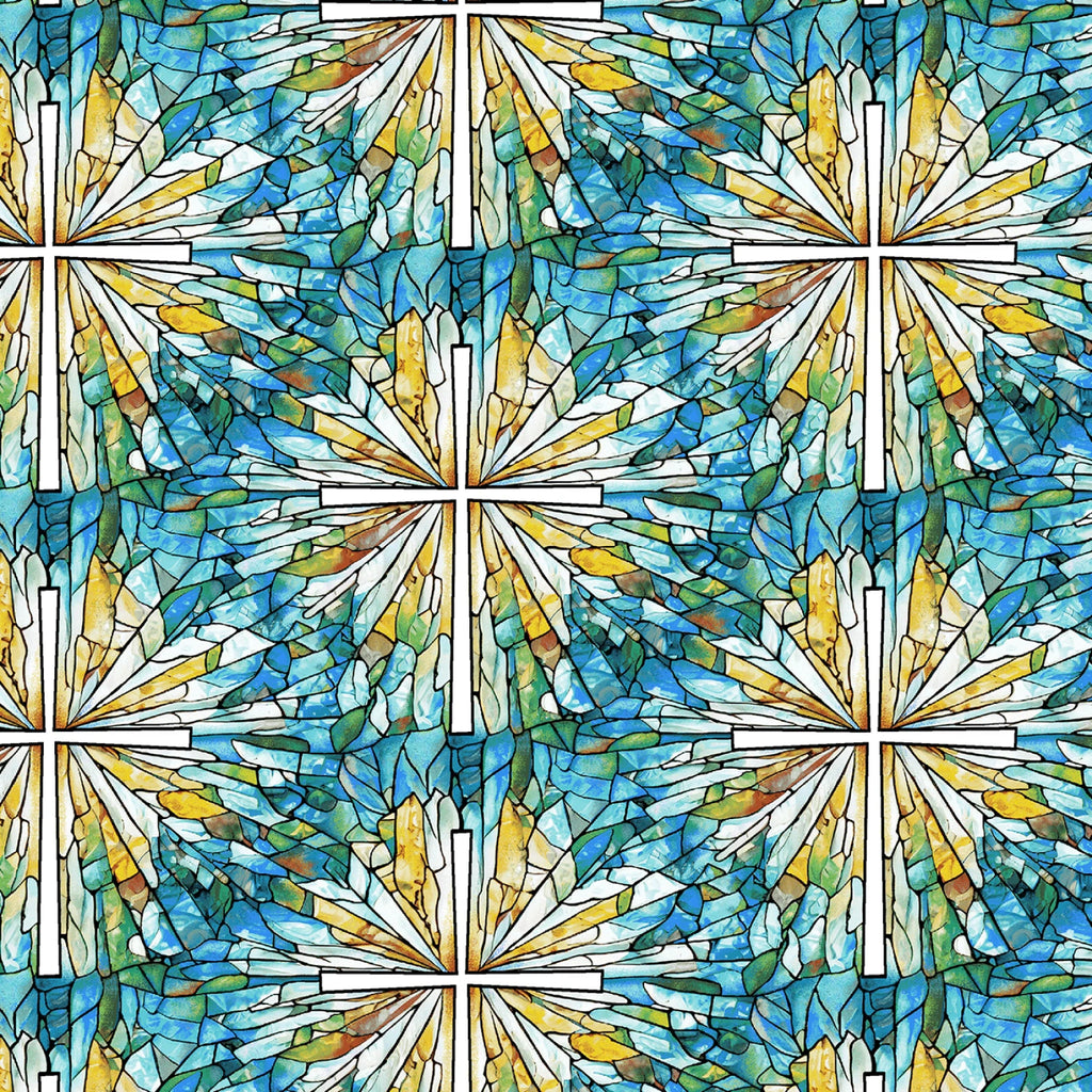 Stained Glass Crosses repeat 44" fabric by Henry Glass, 2183-73, Faith in full color