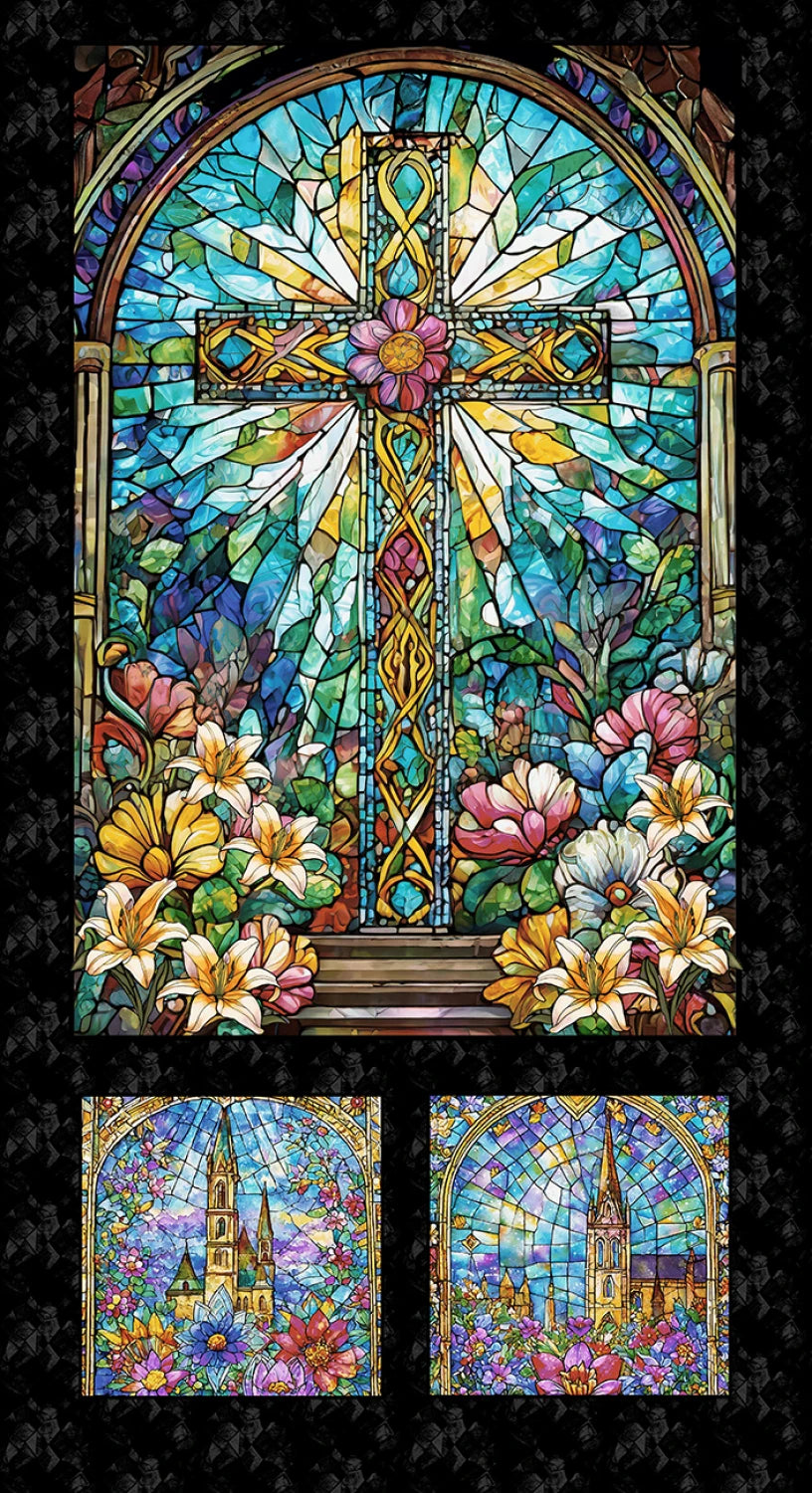 Stained Glass Cross Turquoise - Black Window 24" panel by Henry Glass, Faith in full color