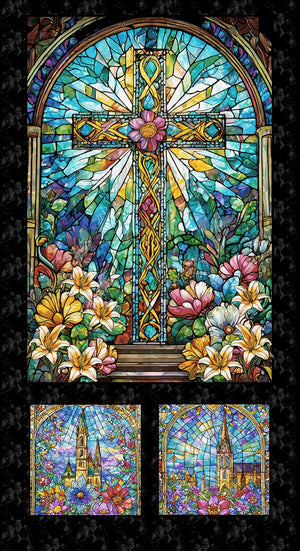 Stained Glass Cross Turquoise - Black Window 24" panel by Henry Glass, Faith in full color