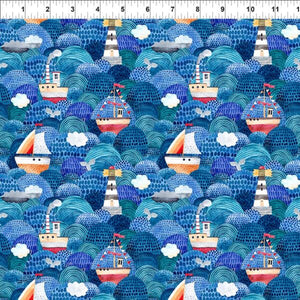 Ships and Lighthouses in Waves 44" fabric by In the Beginning, 231-SH