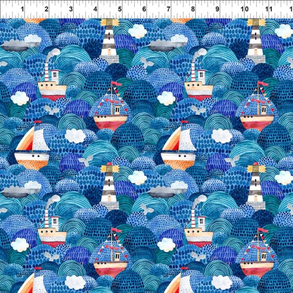 Ships and Lighthouses in Waves 44" fabric by In the Beginning, 231-SH