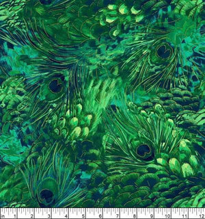 Green Peacock Feathers - metallic 44" fabric by Northcott, 24451M-76, Luminosity