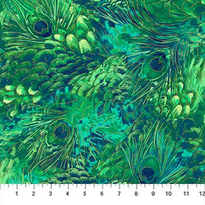 Green Peacock Feathers - metallic 44" fabric by Northcott, 24451M-76, Luminosity