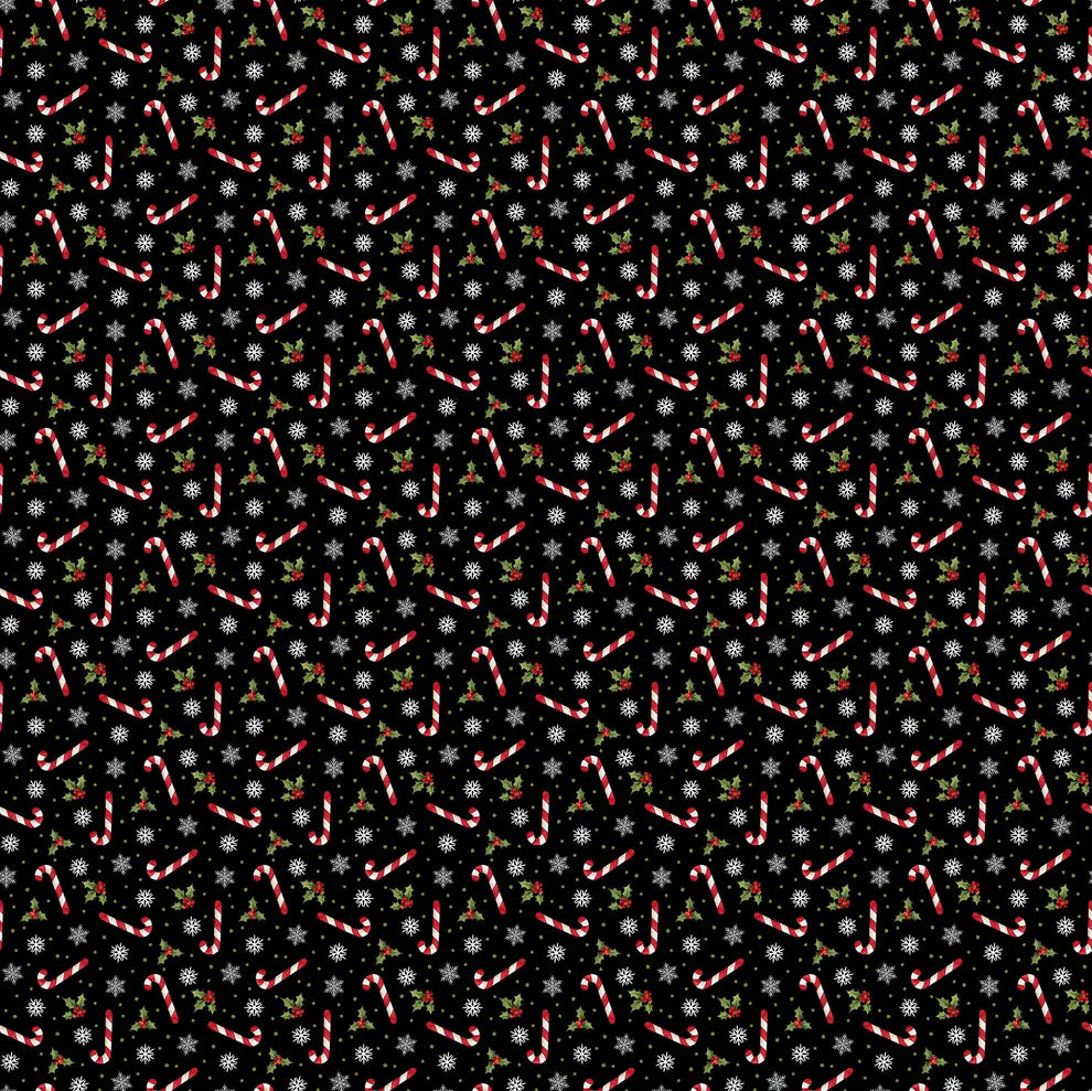 Black Candy Cane Toss 44" fabric by Northcott, 24734-99, Santa's Tree Farm