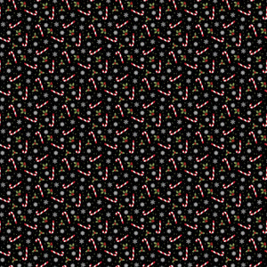 Black Candy Cane Toss 44" fabric by Northcott, 24734-99, Santa's Tree Farm