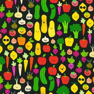 Smiling Vegetables on Black 44" fabric by Kaufman, AAK-20948-2, Farm to Table