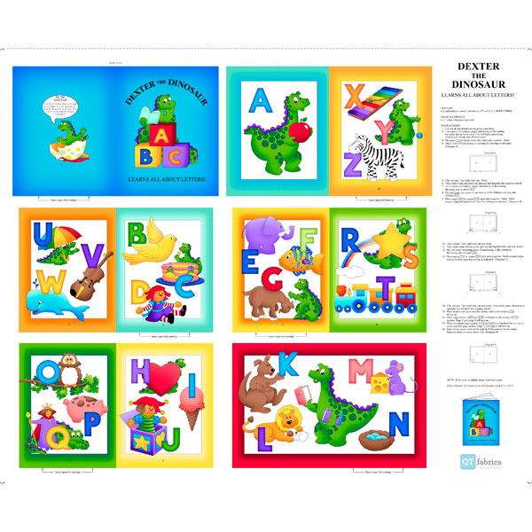 Dexter the Dinosaur Learn ABC's childrens book panel by Quilting Treasures, 26932-X
