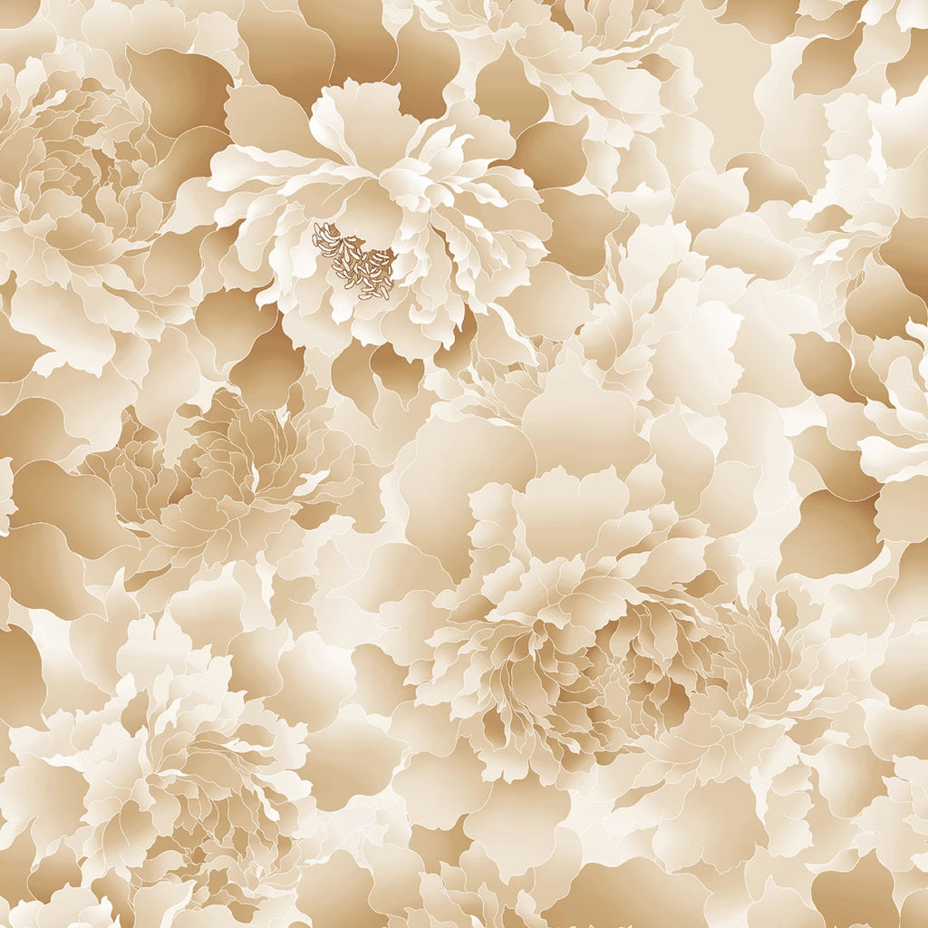 Tan Monochromatic Peony 118" fabric by Henry Glass, 3603W-36, Peony Paradise