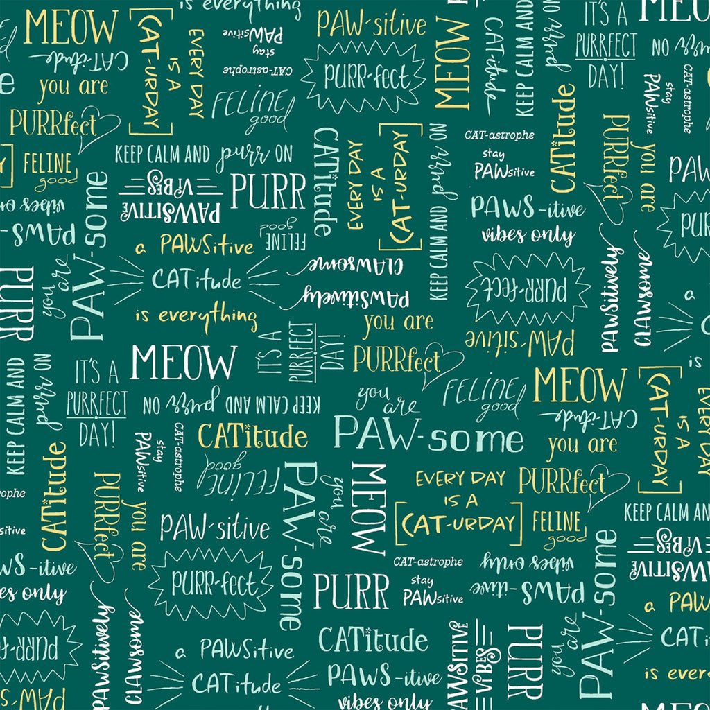 Cat Words in Teal 44" fabric by Windham, 52373-4, Purrfect Day