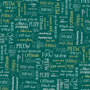 Cat Words in Teal 44" fabric by Windham, 52373-4, Purrfect Day
