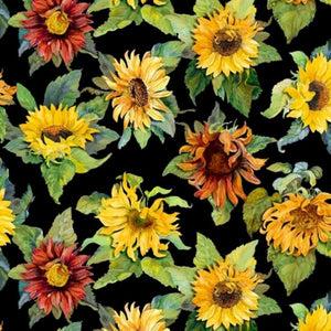 Black Large Sunflowers 44" fabric by Wilmington, 79277-957, Flowers of the Sun