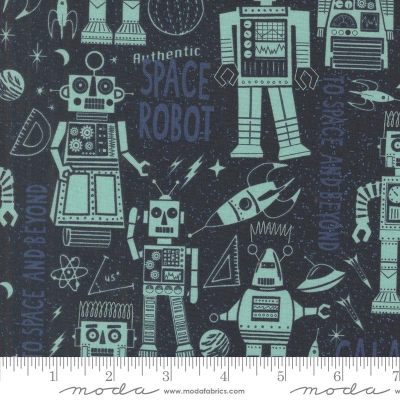 Night Sky Blue Robots 44" fabric by Moda, 20951 15,  321 Blast Off