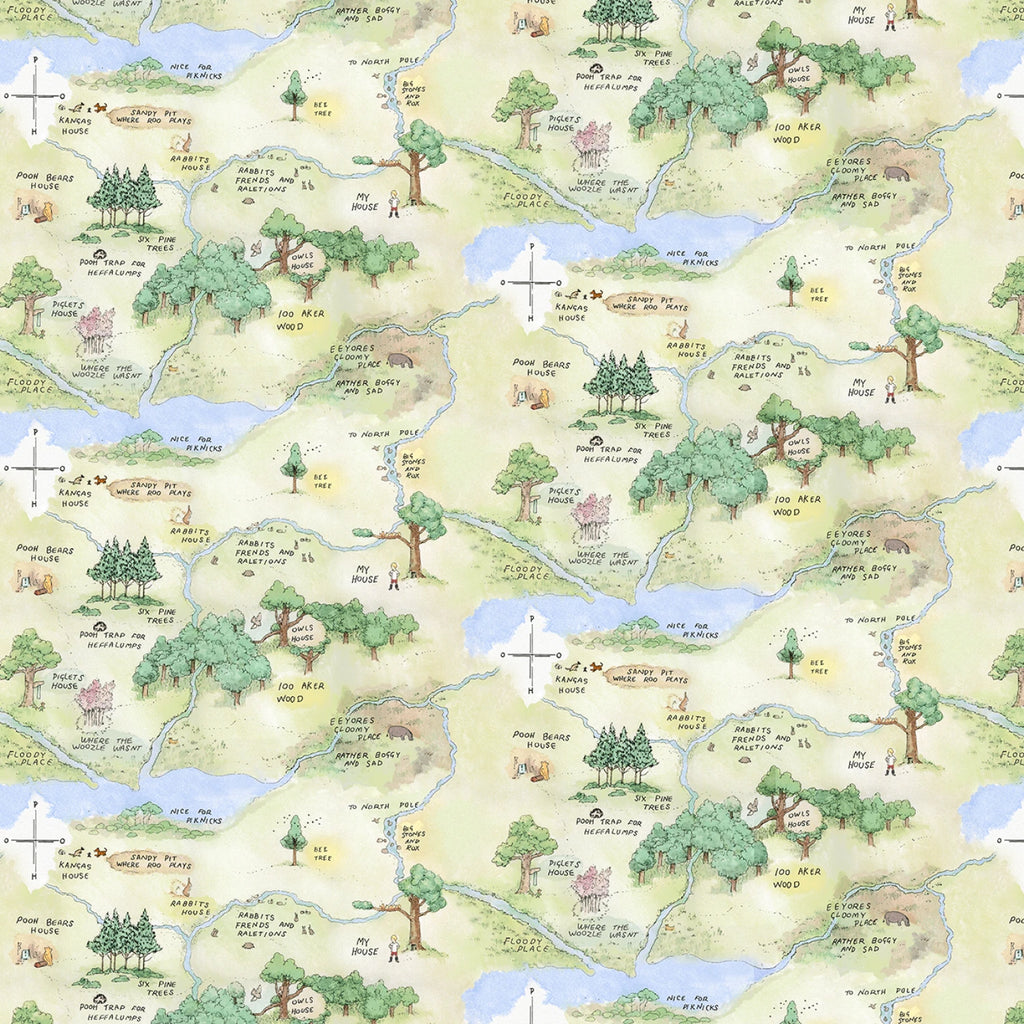Lt Green World of Winnie the Pooh Map 44" fabric by Studio-E, 8715-60, Classic Winnie