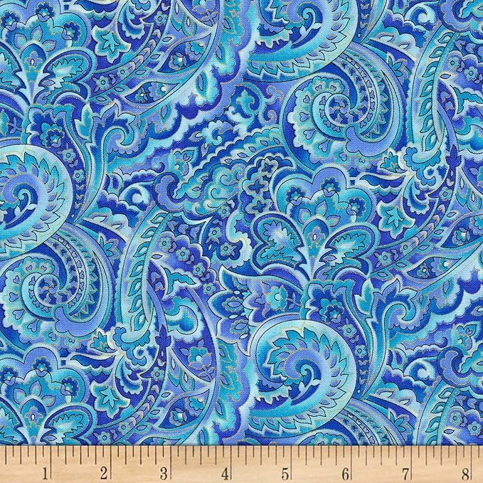 Aqua Regal Paisley 44" fabric by Timeless Treasures, CM7315 Regency, Metallic