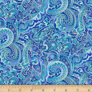 Aqua Regal Paisley 44" fabric by Timeless Treasures, CM7315 Regency, Metallic