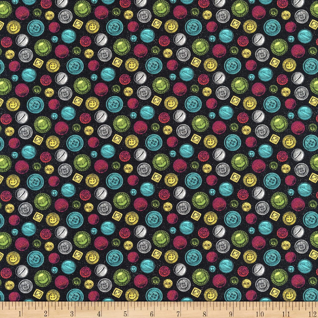 Sewing is My Happy Place Colored Buttons 44" fabric by Northcott, 24221-99