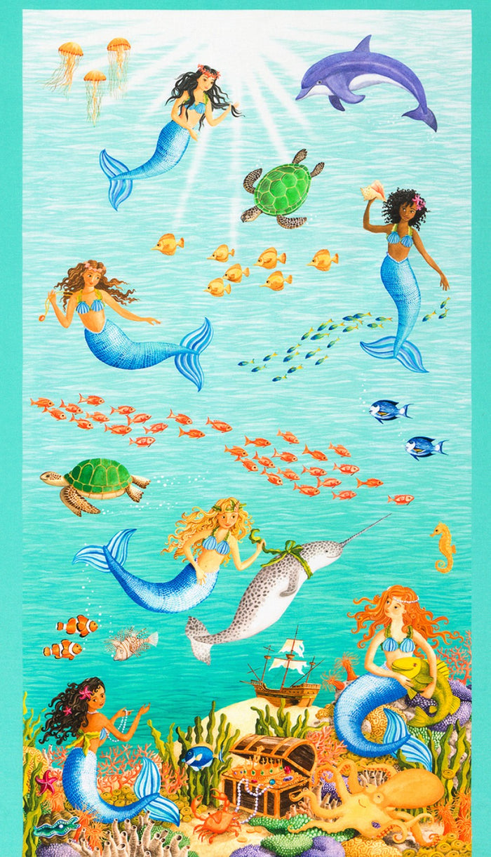 Aqua Mermaid 24" panel by Kaufman, AUND-21354-70, Once Upon a Mermaid