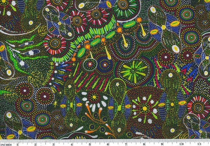 Bush Tucker After Rain in NT Yellow 44" aboriginal fabric by M&S Textiles