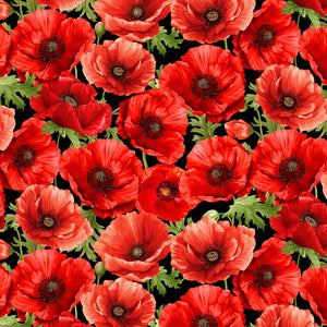 Black large Poppy Floral 44" fabric by Timeless Treasures, CD3802