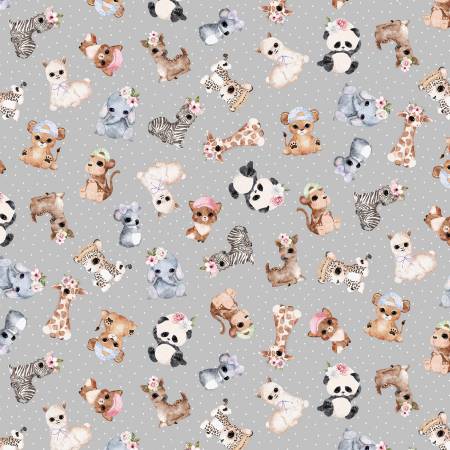Gray Blissful Babies 44" fabric by Michael Miller, DDC11624-Gray, Animal Babies