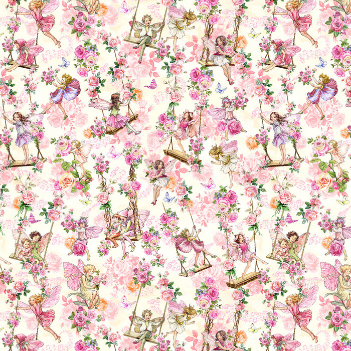 Cream Garden Swings 44" fabric by Michael Miller, DDC12250-crem, Spring Songs Flower Fairies