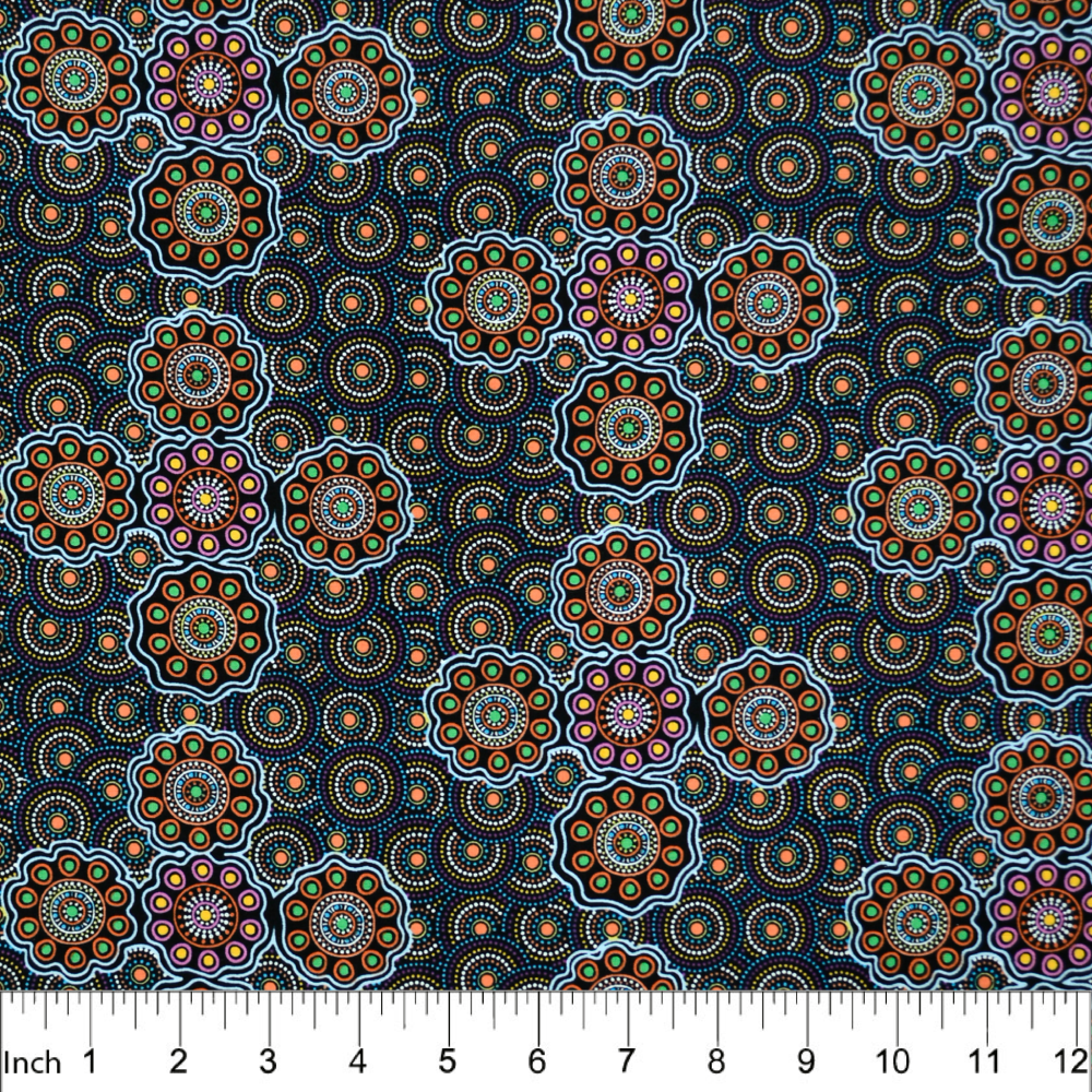 Ladies Collecting Wild Fruits Blue, aboriginal 44" fabric by M&S Textiles,  LCFBL