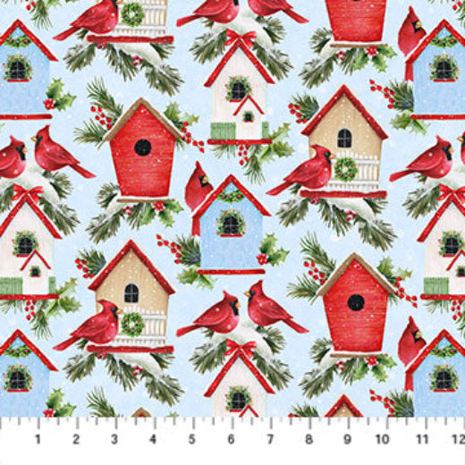 Pale Blue Cardinals & Houses 44" fabric by Northcott, 24092-42, Winter Welcome