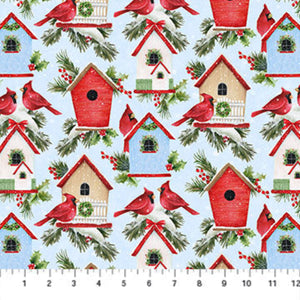 Pale Blue Cardinals & Houses 44" fabric by Northcott, 24092-42, Winter Welcome